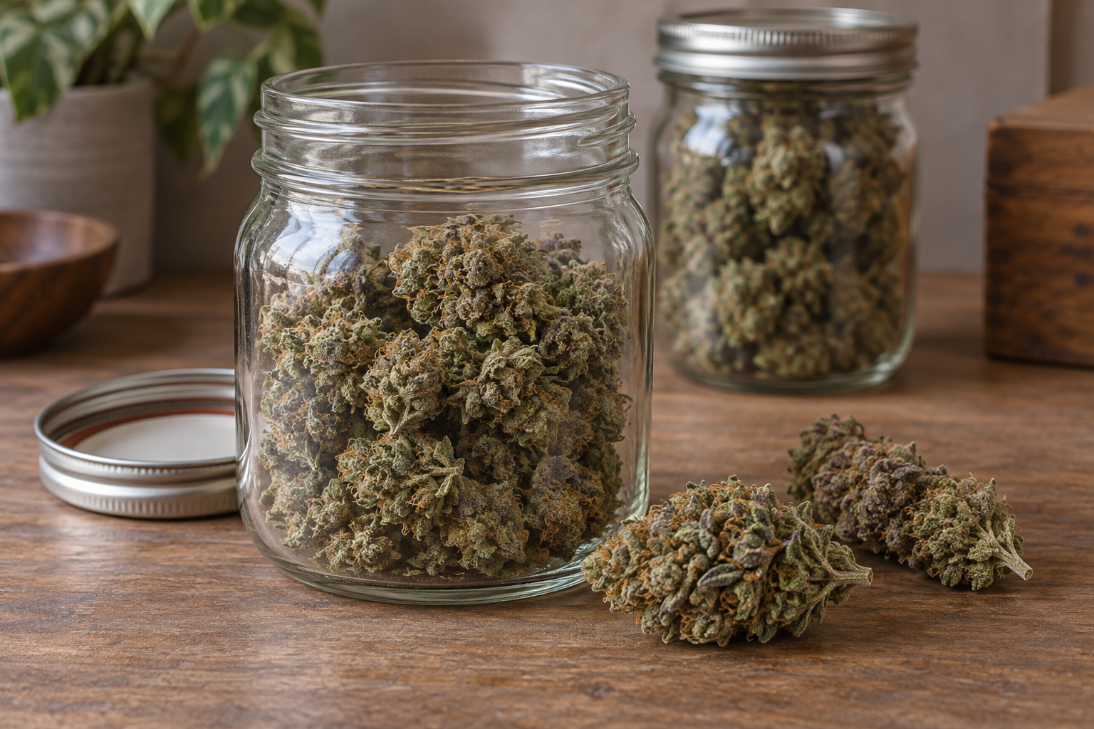 Two glass mason jars filled with dried trimmed cannabis buds on a wooden surface, with three loose buds beside the open foreground jar and its metal lid; a background houseplant is visible but not the subject