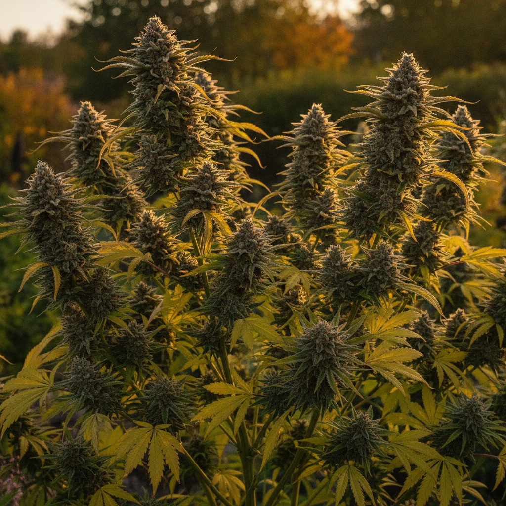 Multiple mature Cannabis sativa plants photographed outdoors in warm early-autumn golden light, showing dense resinous cola-form bud clusters with orange-brown curled pistil hairs and trichome frost, surrounded by palmately compound fan leaves with natural late-season yellowing, soft-focus garden an